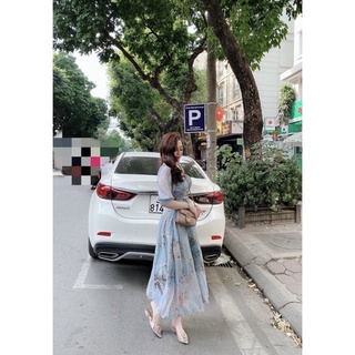 Đầm hoa xanh tay bồng