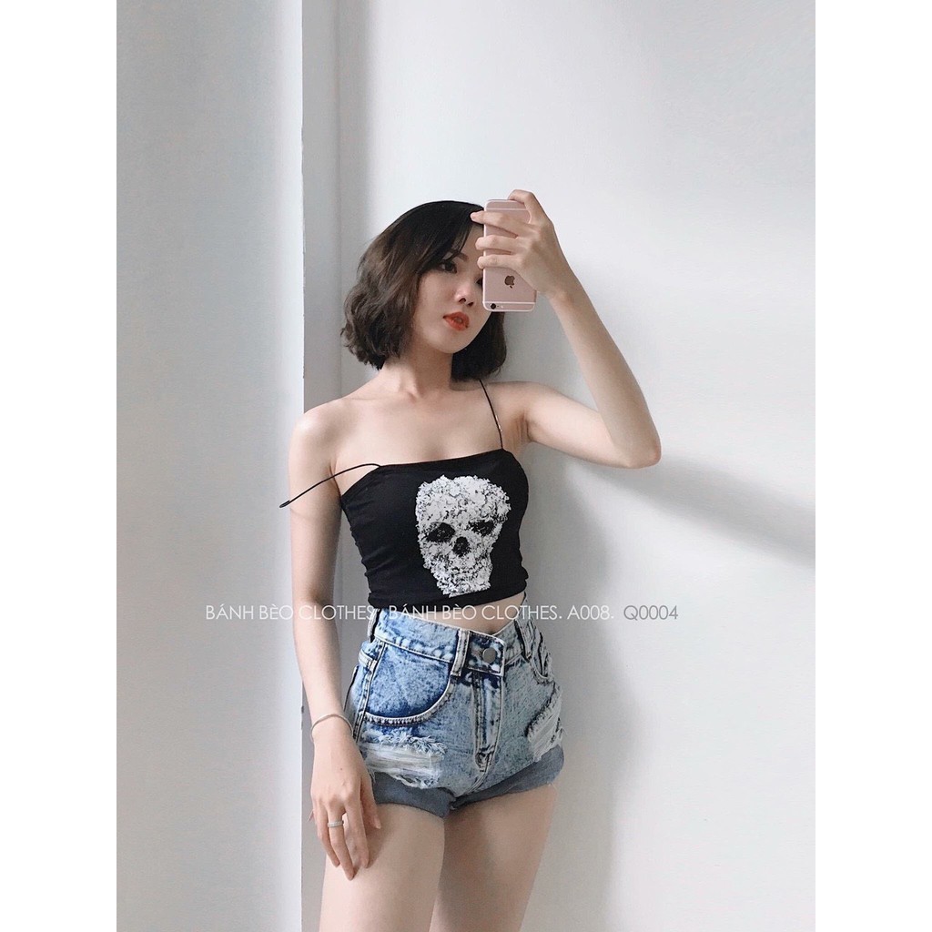 áo croptop 2 dây in hình xương đầu l.â.u siêu sexy, áo kiểu nữ, áo 2 dây