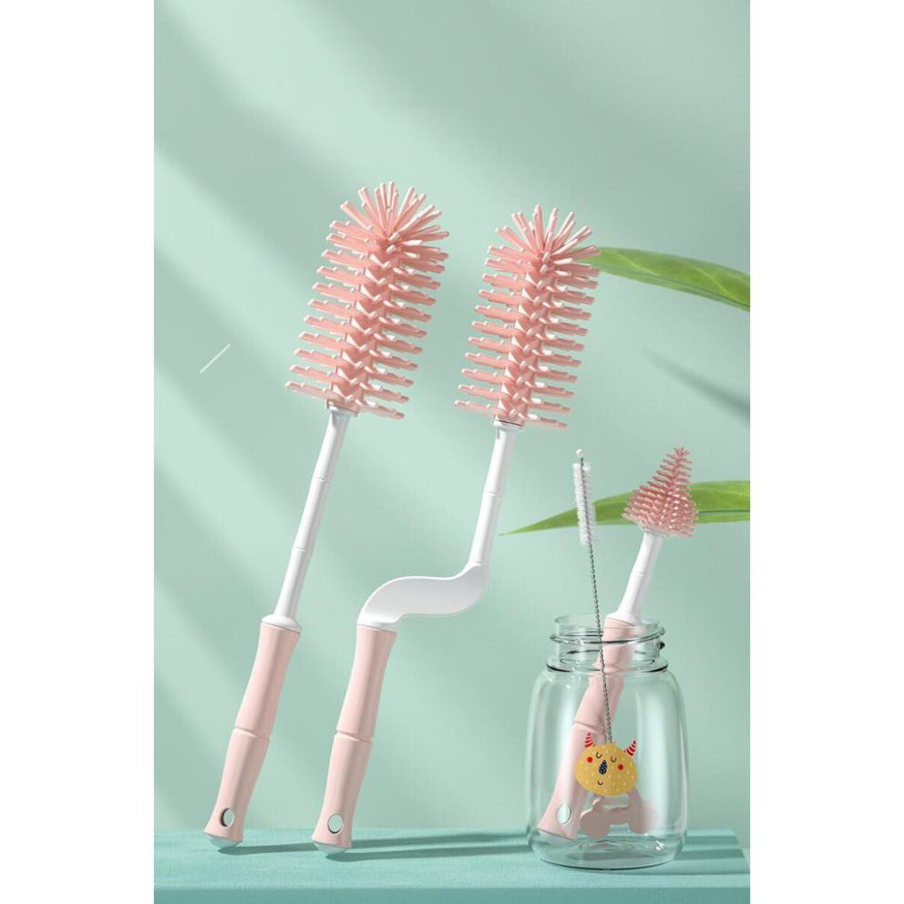 Bộ cọ rửa bình sữa silicon 3 chi tiết cho bé, cao cấp, tay cầm xoay 360 độ