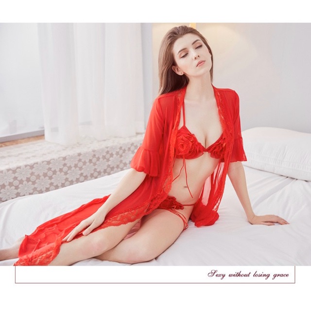 QQ333 Set Áo choàng ngủ xuyên thấu gợi cảm