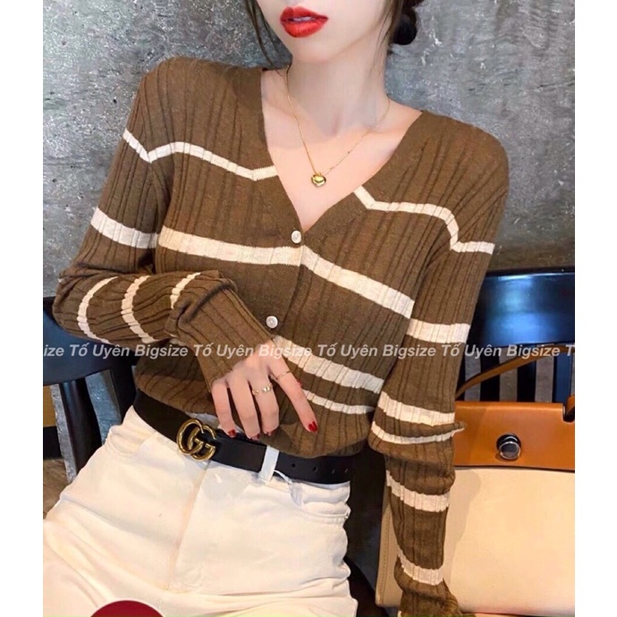 (T.U Bigsize 50-70kg) Áo Sơmi Len Dài Tay Cổ Tim Sọc Ngang Xu Hướng Vintage