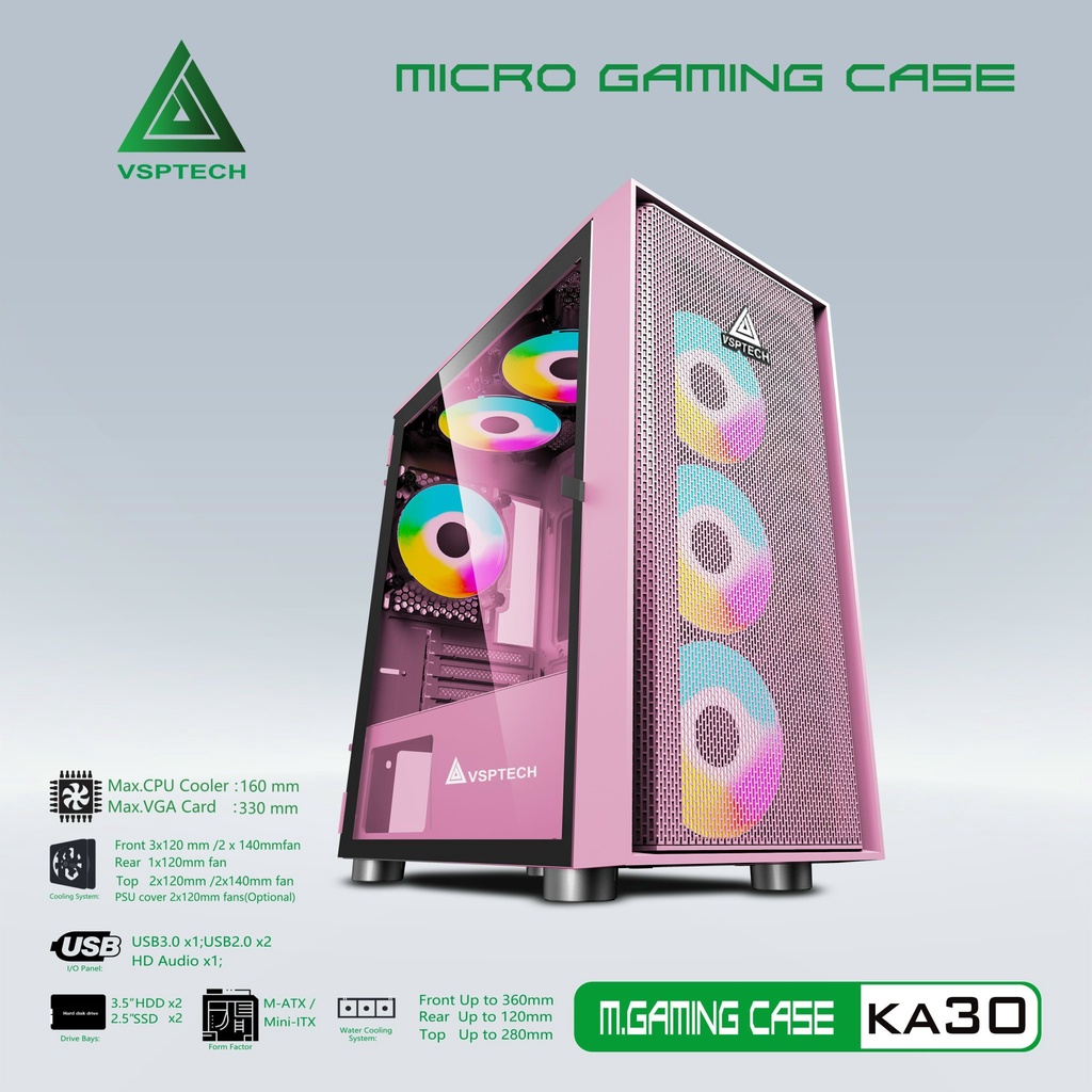 Case Gaming VSP HA01 Mini Tower (Màu Đen-Trắng-Hồng- Xanh)