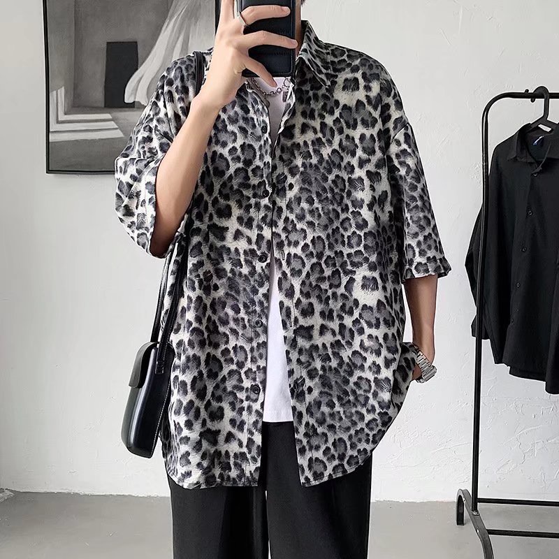 Áo Sơ Mi Tay Ngắn Dáng Suông In Hoạ Tiết Da Báo Sành Điệu Thời Trang Phong Cách Hàn Quốc Cho Nam Size M-2XL