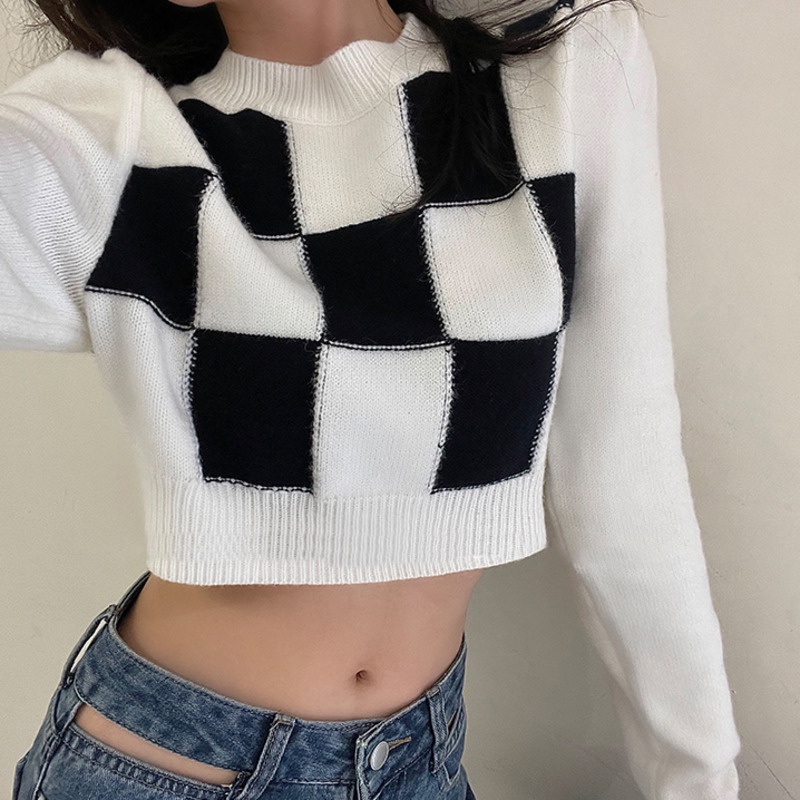 Áo Len Tay Dài Họa Tiết Kẻ Sọc Trắng Đen Thời Trang Mùa Thu Cho Nữ