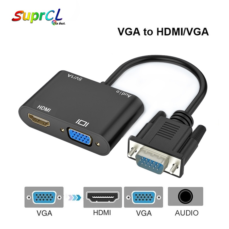 Bộ chuyển đổi VGA sang HDMI VGA 1 đầu vào 2 đầu ra với cáp âm thanh 3.5mm nhiều cổng hỗ trợ máy chiếu màn hình máy tính