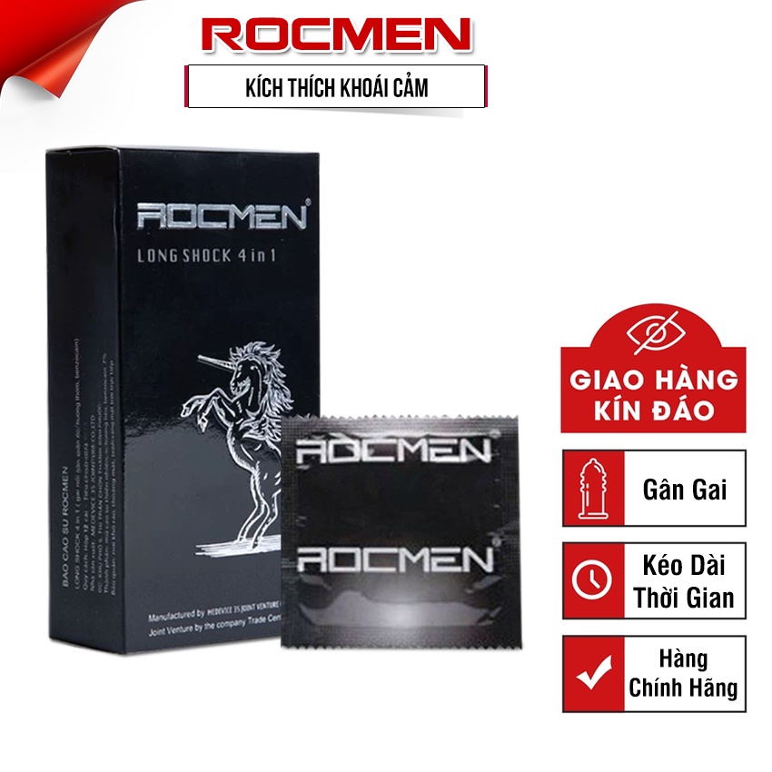 Bao cao su Cao Cấp ROCMEN ĐEN 4 IN 1. Bcs Rocmen Đen Gân-Gai-Nhiều Gel- Kéo dài thời gian yêu ( 1 Hộp BCS 12 Chiếc )