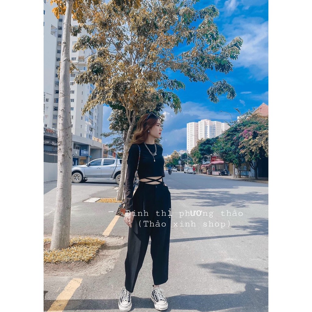 Áo croptop cột dây chéo bụng tay tài