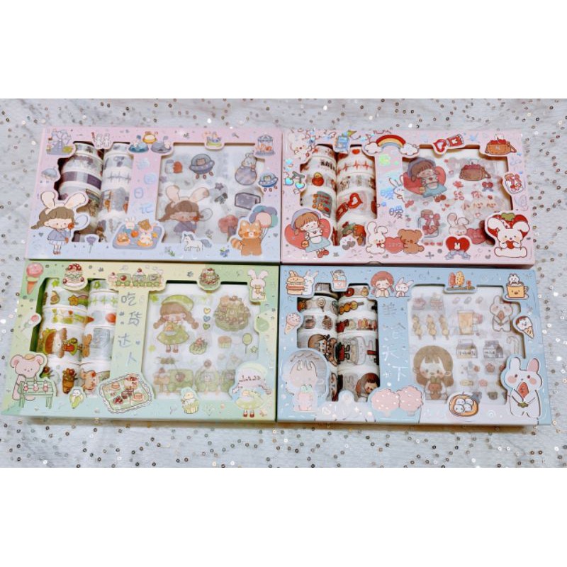 Hộp 10 băng keo washi tape và stickers trang trí