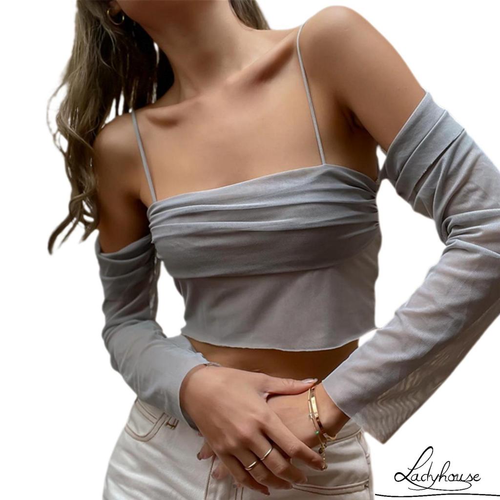 Áo Croptop Trễ Vai Tay Dài Màu Trơn Phối Lưới Thời Trang Cho Nữ