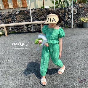 Set Đồ 2 Món Áo Tay Ngắn Họa Tiết Sọc Caro Thời Trang Mùa Hè Phong Cách Hàn Quốc Cho Bé Gái