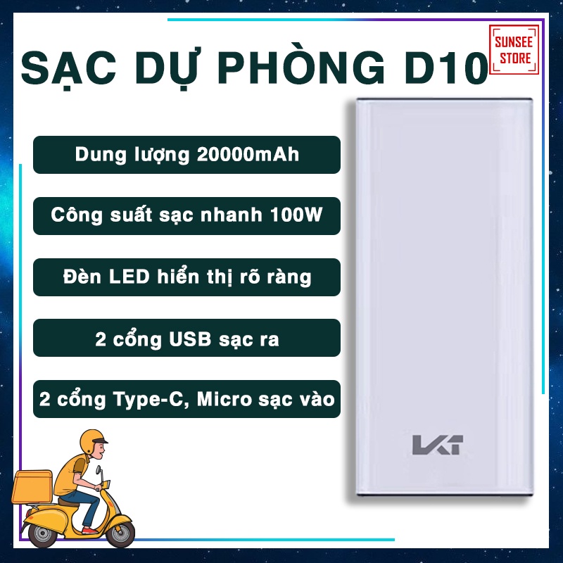 Sạc dự phòng sạc nhanh 100W dung lượng khủng 20000mAh, đèn LED hiển thị rõ ràng - D10