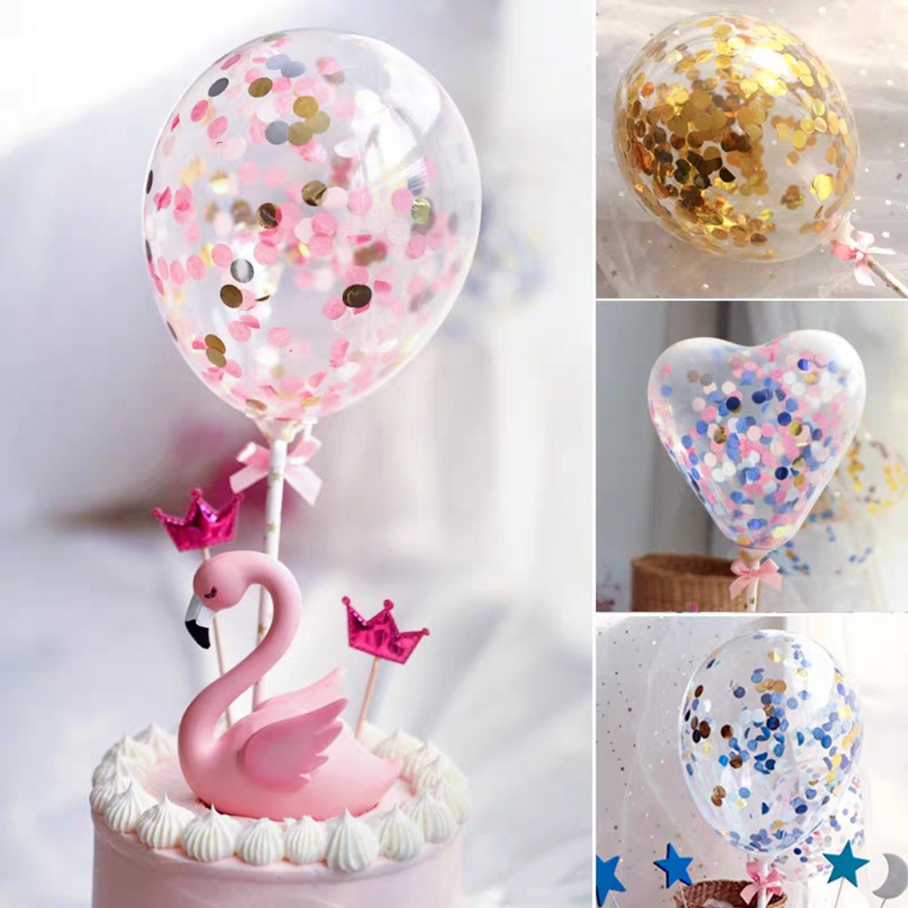 Bóng Kim Tuyến Trang Trí Bánh Bóng bay hình Tròn Tim màu Vàng Bạc Xanh Hồng Đen Ngũ Sắc