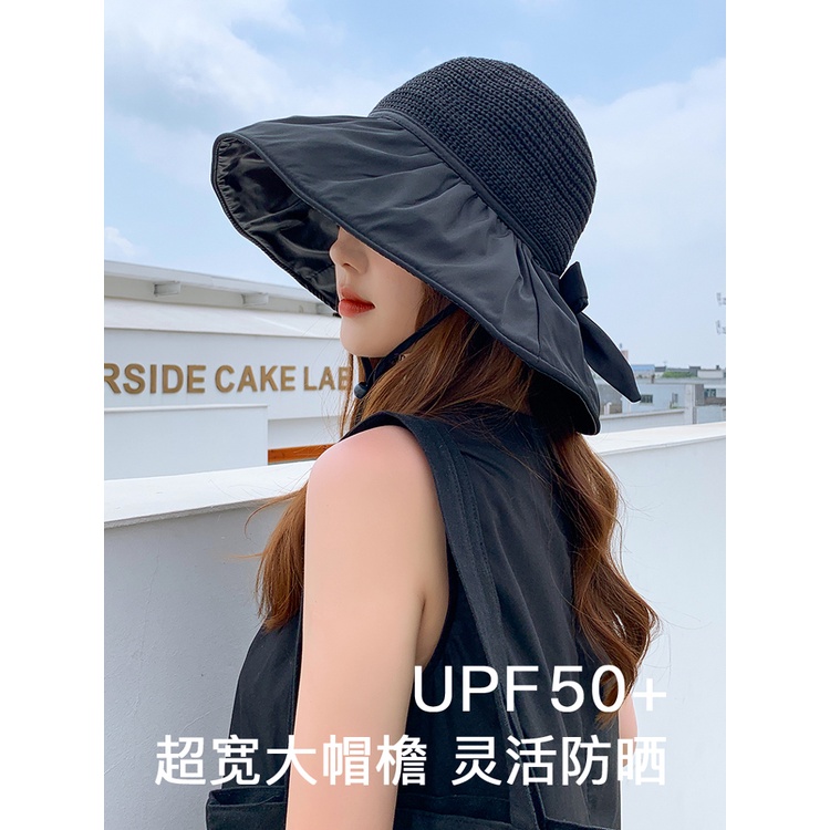 Nón Cói Rộng Vành Hở Chóp Phối Nơ Màu Đen Chống Tia Cực Tím Cho Nữ