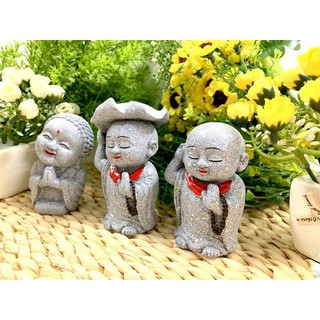 Full set bộ 3 tượng chú tiểu đội lá sen màu đá
