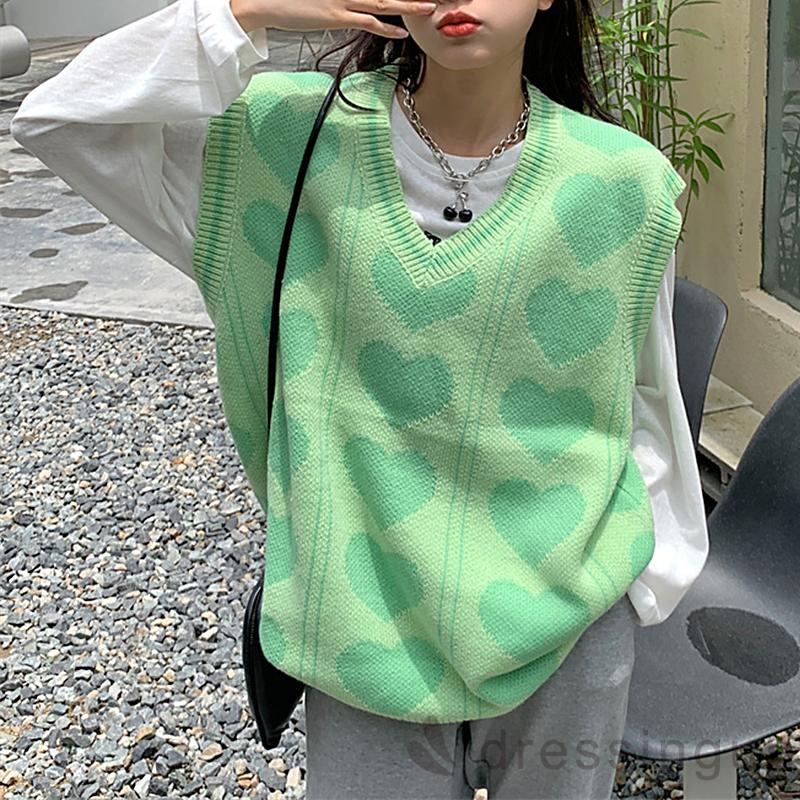 Áo dệt kim sát nách dáng rộng in họa tiết trái tim màu sắc thời trang mùa đông cho nữ