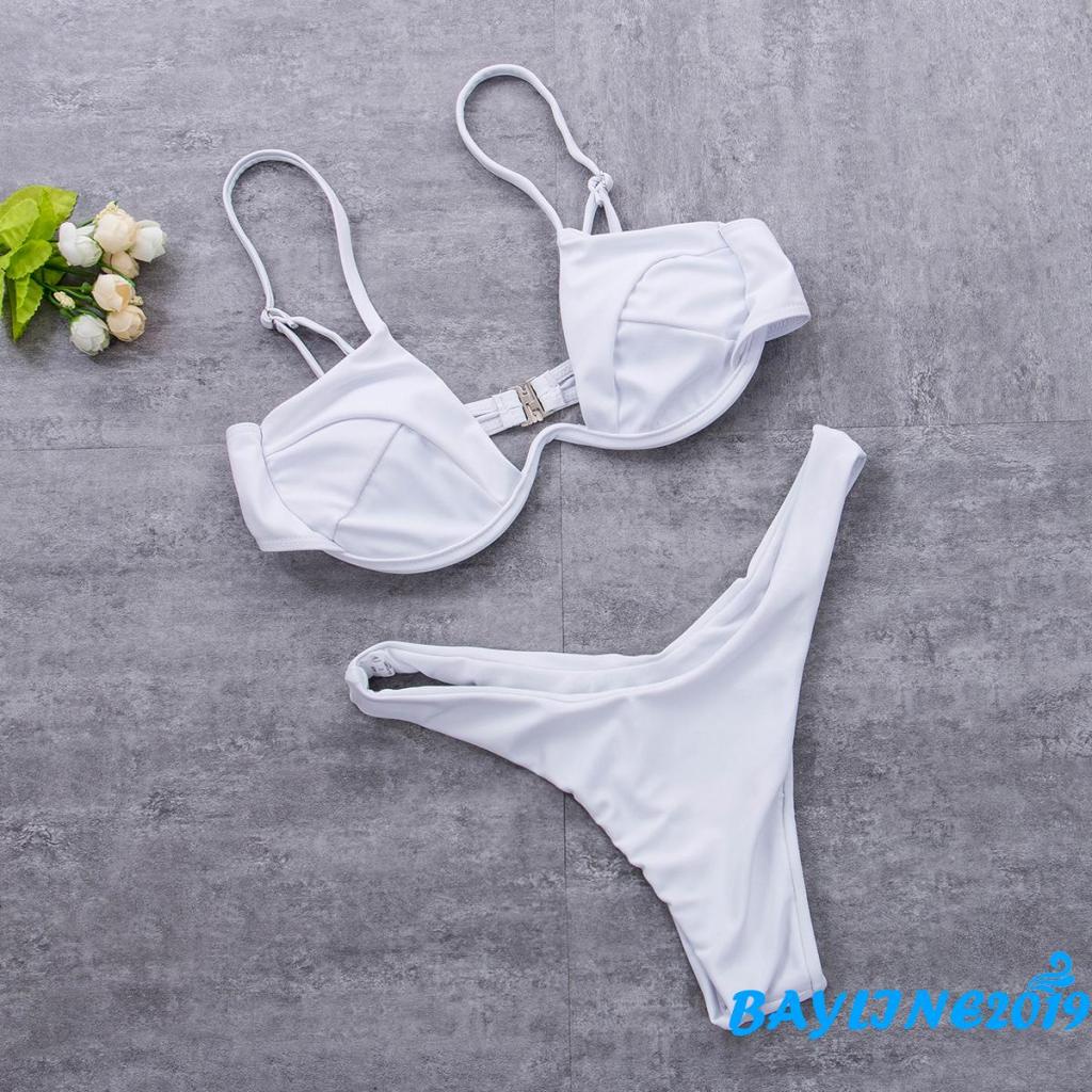 Bộ Đồ Bơi 2 Mảnh Lưng Cao Có Đệm Ngực Màu Trơn Hình Chữ V Dành Cho Nữ