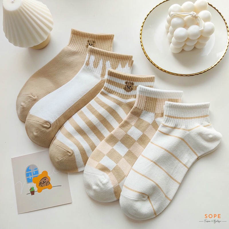 Tất cổ ngắn, set tất vớ nữ nam chất liệu vải Hàn chống trơn trượt và hôi chân - Sope Shop