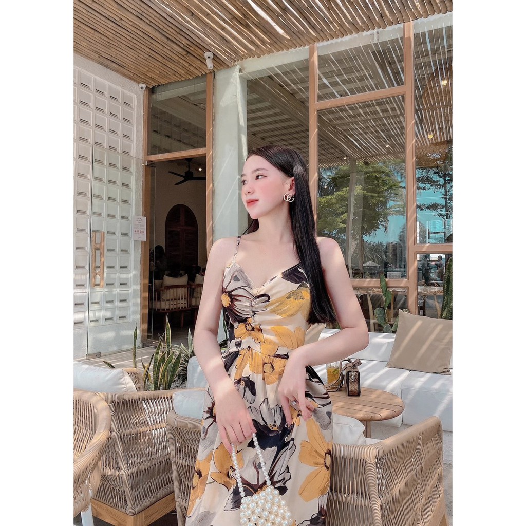 Váy Maxi Đi Biển, Đầm 2 Dây Đuôi Cá Rút Ngực Nơ Lưng Chất Lụa 2 Lớp Phong Cách Vintage Năng Động, Gợi Cảm 2021