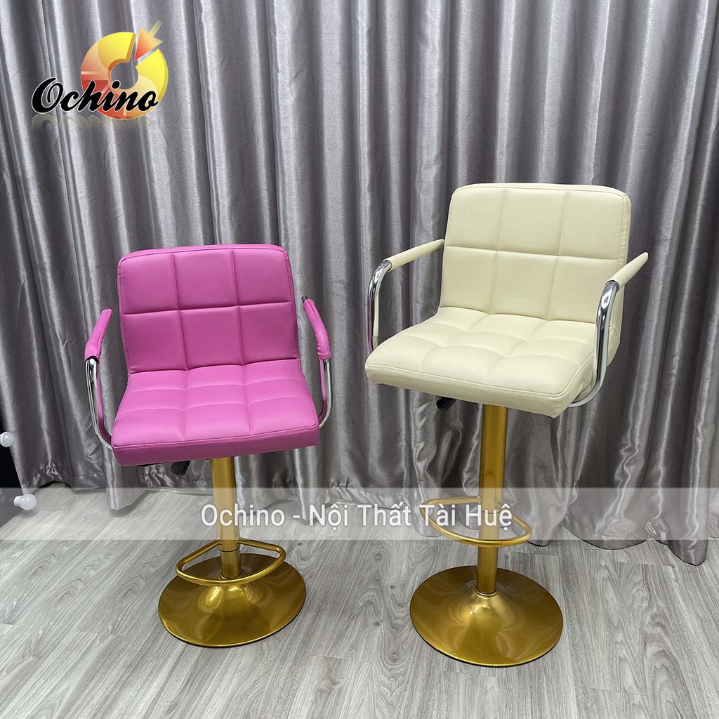 Ghế Makeup, Ghế Quầy Bar Mẫu Vịn Tay Inox Có Tay CHÂN VÀNG K1 Cao 60/80 Và Xoay 360 Độ Phong Cách Hiện Đại (Đủ Màu)