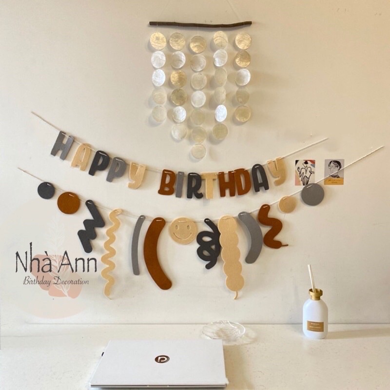 Dây chữ sinh nhật gam màu nâu tây pastel happy birthday style hàn quốc