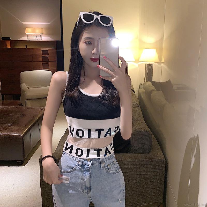 [Baywellfashion]Open Navel Mesh Splicing Knitted Camisole Sleeveless Top | BigBuy360 - bigbuy360.vn