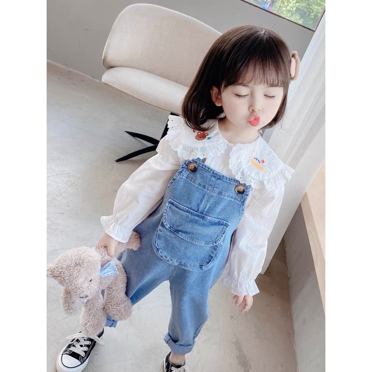 Yếm jean cho bé gái kèm áo sơ mi cực đẹp size đại từ 8 đến 32kg - set yếm quần bé gái siêu xinh kiểu dáng hàn quốc.