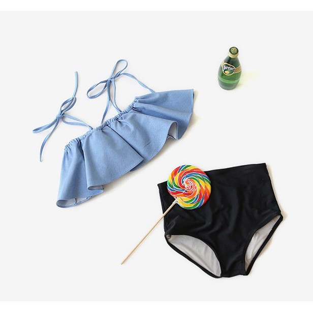 Bộ đồ bơi 2 mảnh dành cho nữ bikini 2 dây dễ thương áo xanh quần đen mã L67 | BigBuy360 - bigbuy360.vn