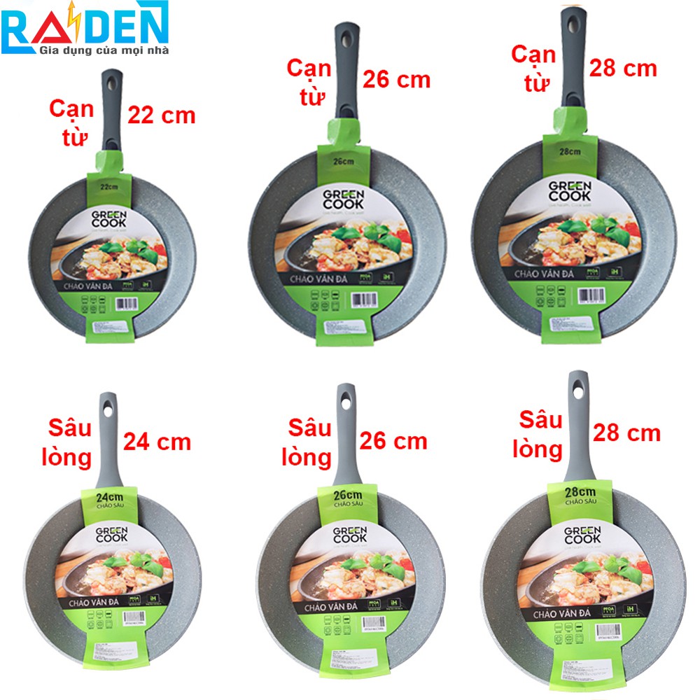 Chảo vân đá từ chống dính cạn và sâu lòng Green Cook GCP01 GCP02 22 24 26 28 cm