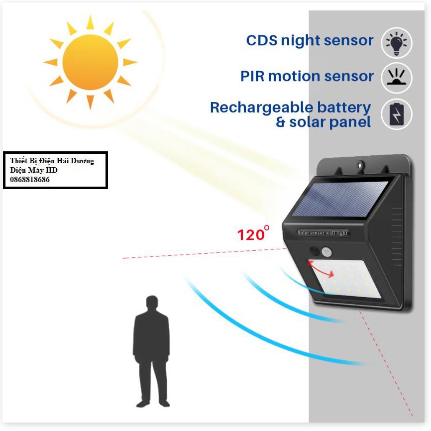 Đèn led cảm biến hồng ngoại năng lượng mặt trời (20 mắt led) Cảm Biến 3 Chế Độ. Không cần thiết phải kéo dây, dễ dàng cà