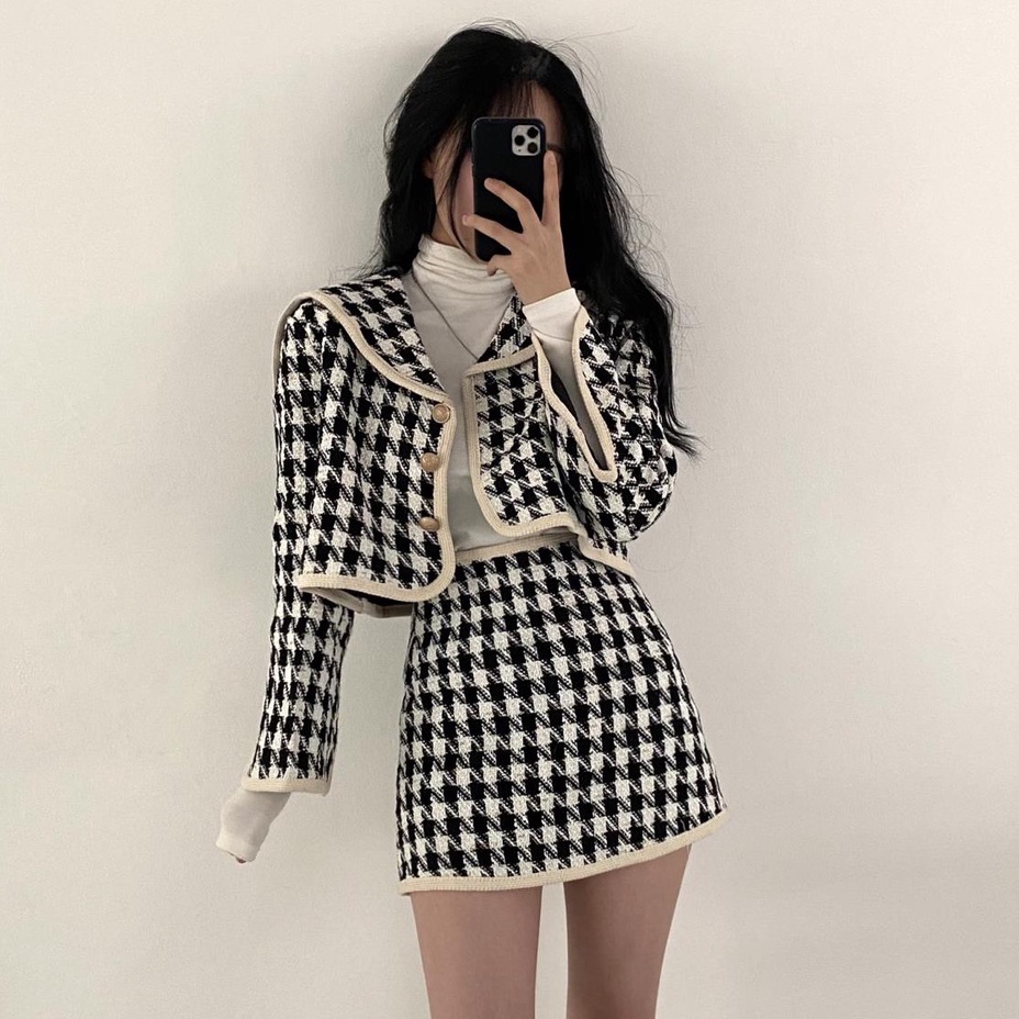 Áo khoác cardigan tay dài/ Chân váy chữ A lưng cao họa tiết houndstooth phong cách retro 45362 | BigBuy360 - bigbuy360.vn