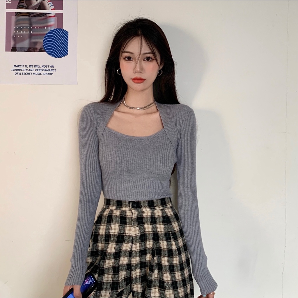 Áo len tay dài cổ chữ U dáng ôm nhiều màu thời trang Hàn Quốc cho nữ | BigBuy360 - bigbuy360.vn