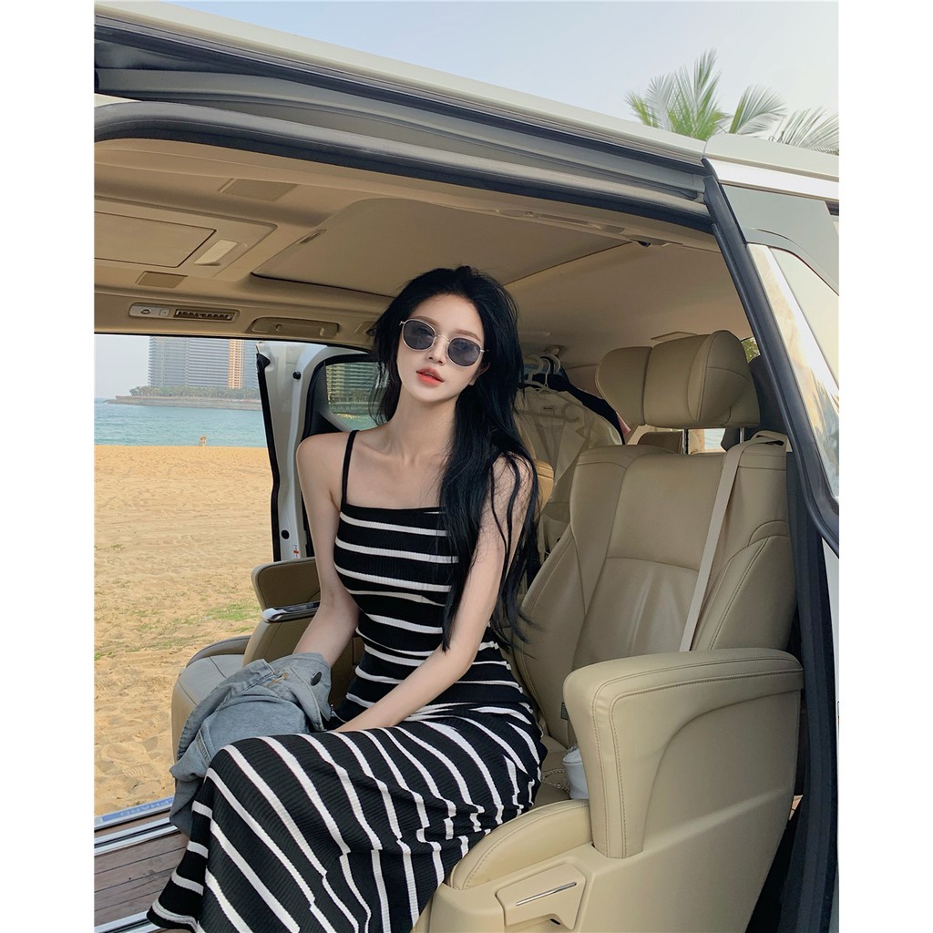 (ORDER) Váy hai dây cổ vuông dáng dài kẻ sọc ôm body maxi gợi cảm sang chảnh (new_arrivals)