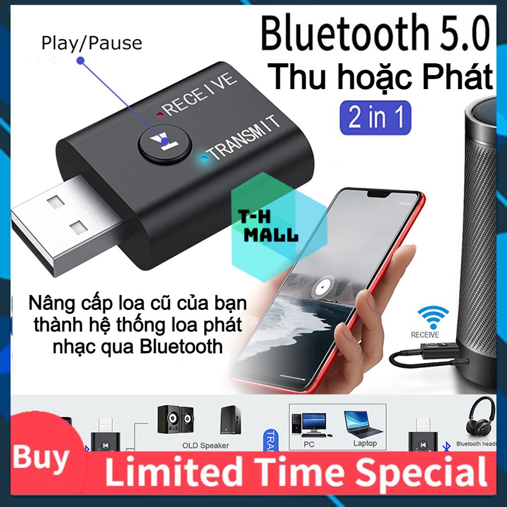 [Mã ELMS10 giảm 6% đơn 50K] Bộ USB Thu Phát Âm Thanh 2 in 1 Bluetooth 5.0 chuyển đổi 3.5mm AUX sang tín hiệu Bluetooth
