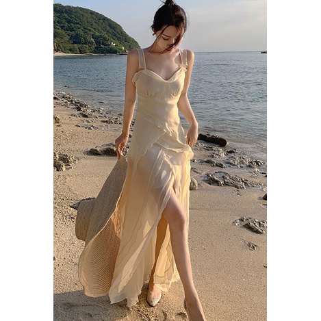 Đầm Dài Xẻ Tà Phối Bèo Phong Cách Retro Pháp Cho Nữ