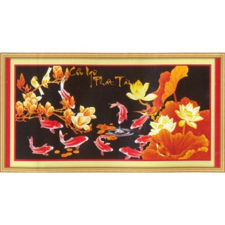Tranh thêu chữ thập CỬU NGƯ PHÁT TÀI 222555,139x71cm chưa thêu