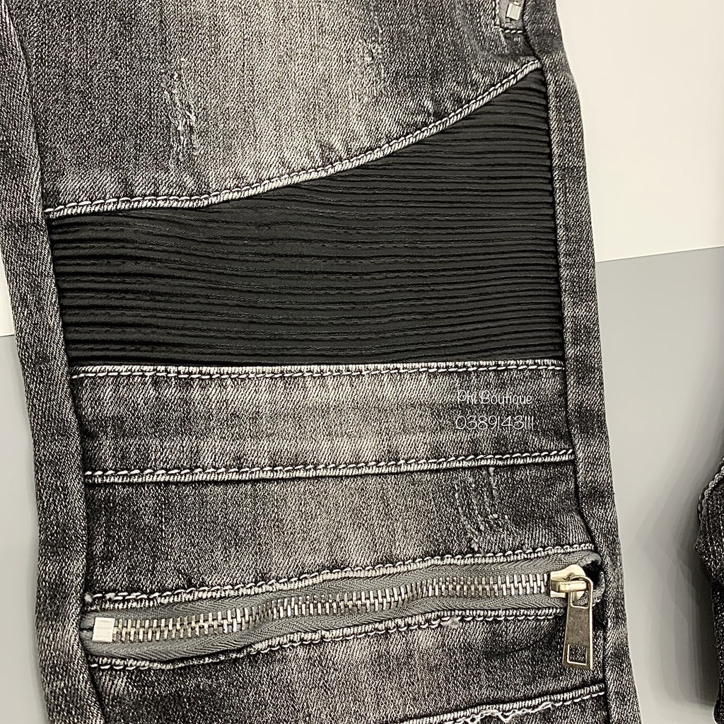 Quần Jean Biker Nam Pha Nhăn Da Khoá Zip Bản Cao Cấp QJ123P