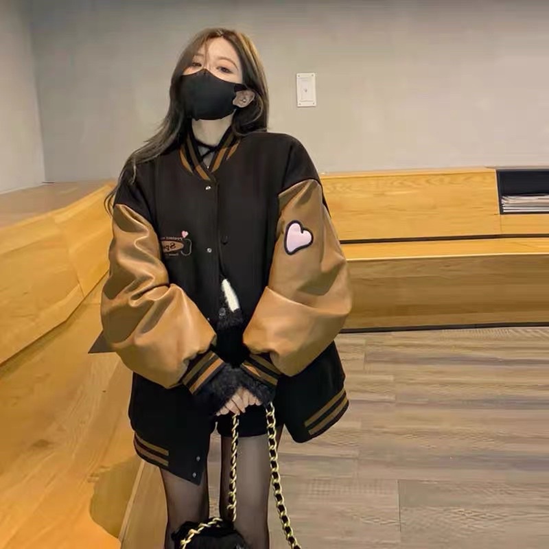 Áo khoác bomber phối da nâu form thụng nam nữ