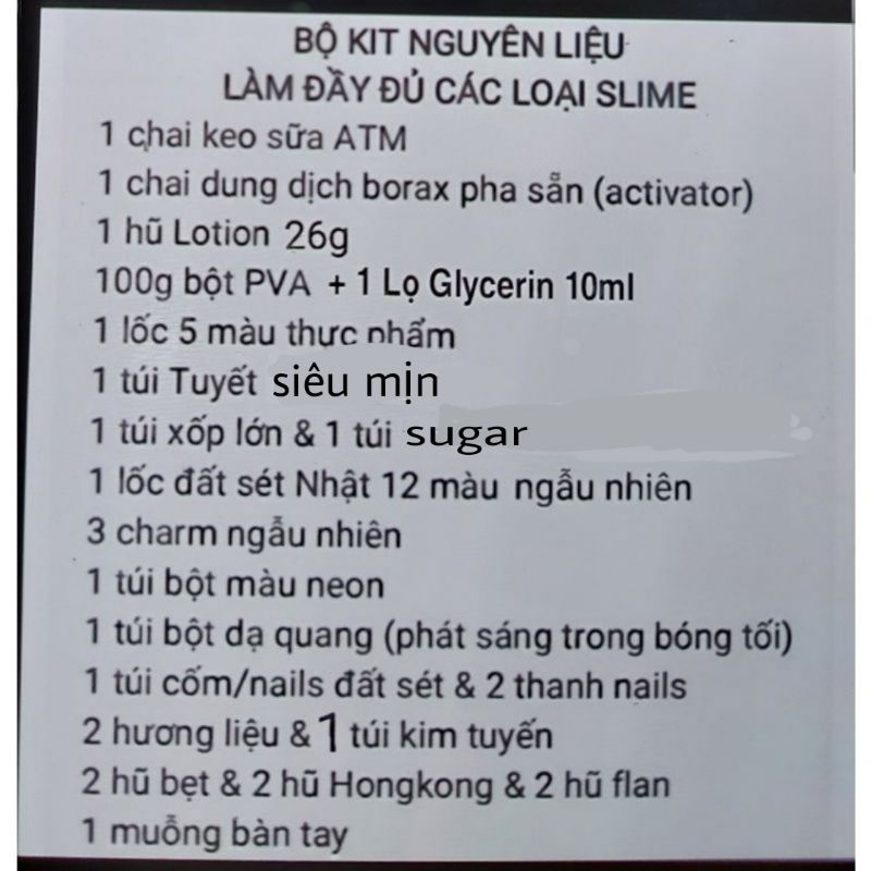 Bộ 26 món Nguyên Liệu Làm Đầy Đủ Các Loại Slime (Slime Basic, Trong, Bơ, Mây, Xốp)