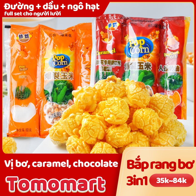 Bắp Rang Bơ 3in1 Set Ngô Nổ Bắp Nổ Tự Làm Bỏng Ngô Đồ Ăn Vặt Vị Caramel Bơ Chocolate tiện lợi dễ làm