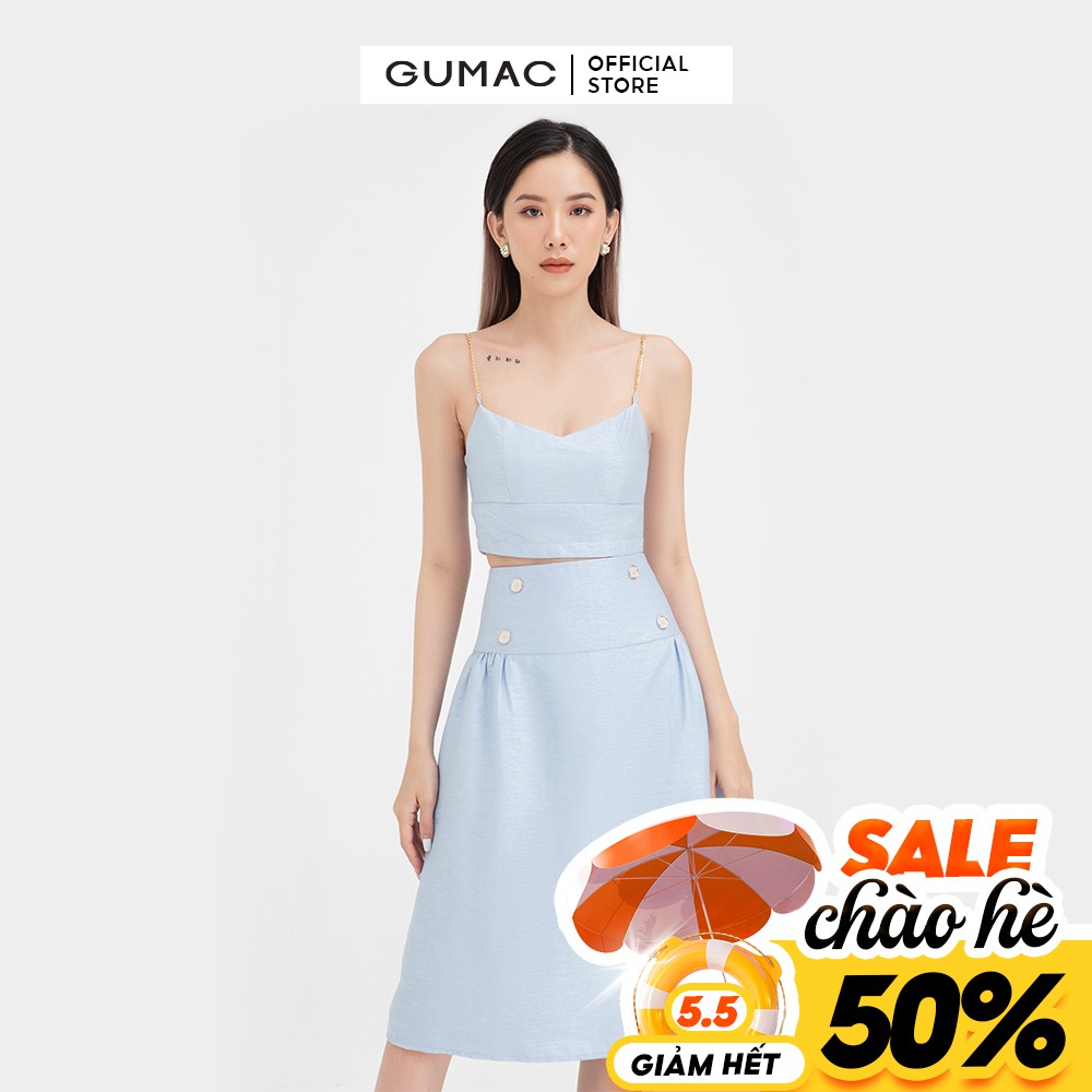 Chân váy nữ dáng dài phối nút GUMAC màu xanh trơn thanh lịch VB490