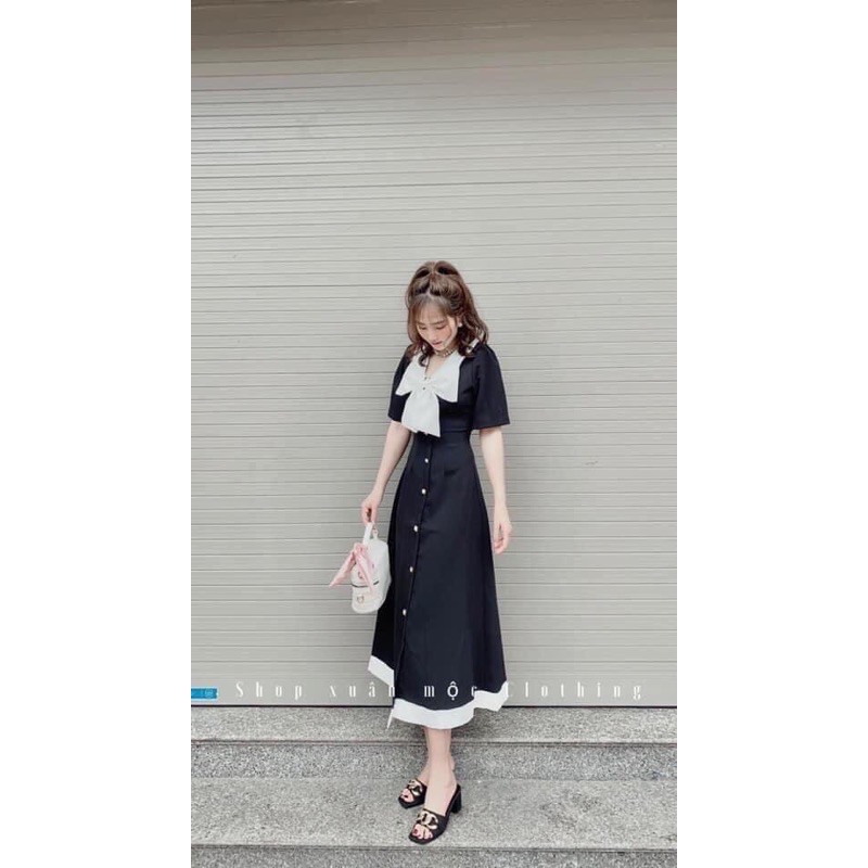 🎀 Đầm đen dài nơ cổ trắng ( ảnh thật, có feedback, cận chất) | BigBuy360 - bigbuy360.vn