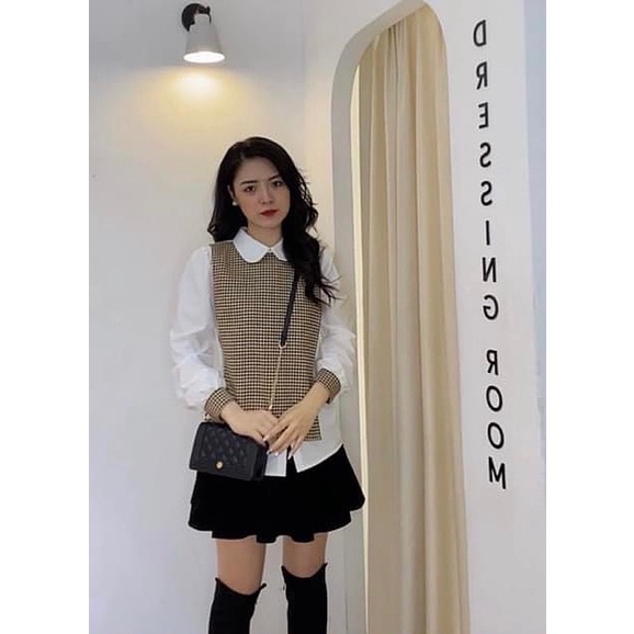 Áo sơ mi phối dạ kẻ cổ sen