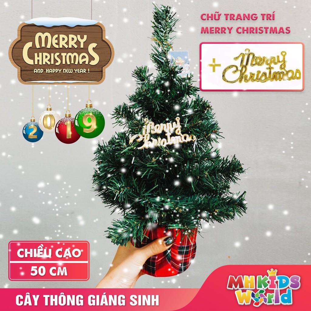 Cây thông mini 50cm cây thông để bàn tặng kèm chữ Merry Christmas