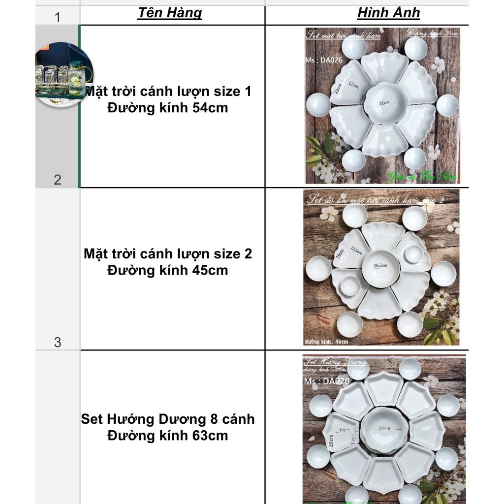 Bộ bát đĩa hoa mặt trời - hoa hướng dương trắng trơn