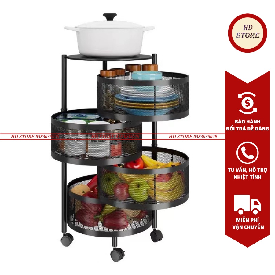 🆓Kệ Tròn Xoay Đa Năng - Kệ Rau Củ Quả - 4 TẦNG - Có Bánh Xe Di Chuyển Thép Cacbon Mạ Sơn Tĩnh Điện