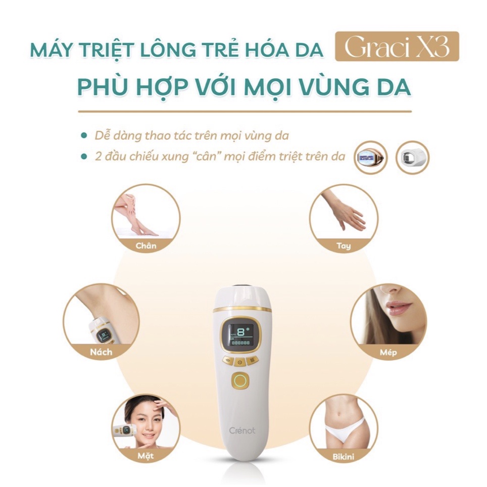 Máy triệt lông vĩnh viễn Crenot Graci X3 băng lạnh trẻ hóa da mini cầm tay nách vùng kín bikini chân IPL tại nhà