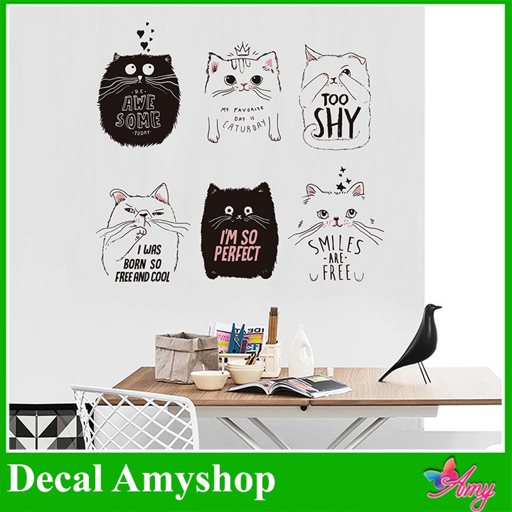 Decal dán tường Mèo con dễ thương ngộ nghĩnh trang trí phòng ngủ, phòng khách, quán xá giá rẻ AmyShop