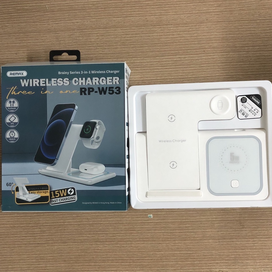 Đế sạc không dây 3 in 1 Remax RP-W53 sạc nhanh max 15W, RP-W60 tích hợp đèn LED cho Điện thoại, Airpods, Apple Watch
