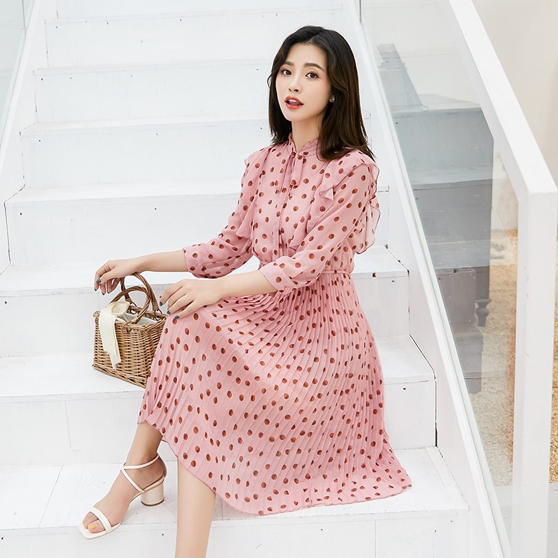 A495 Đầm bầu, Váy bà bầu mùa hè phiên bản Hàn Quốc váy xếp li chấm bi dài thời trang mẫu mới nhất 2020