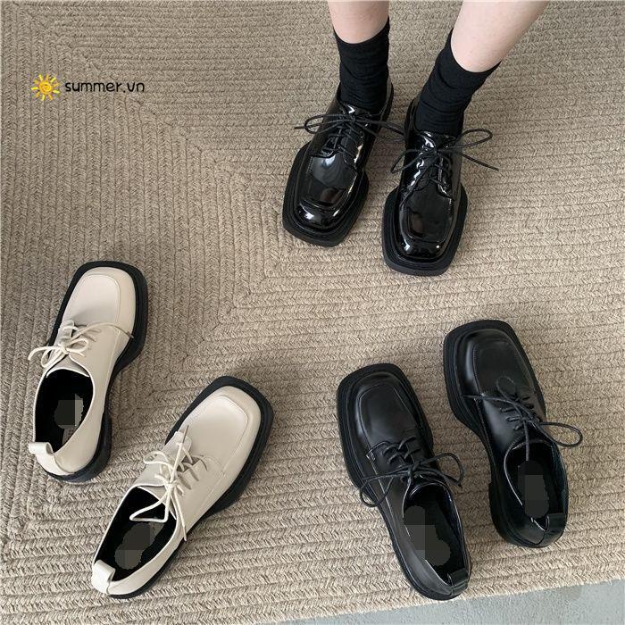 Giày Da Mũi Vuông Cột Dây Phong Cách Anh Quốc Thời Trang 2022 Cho Nữ